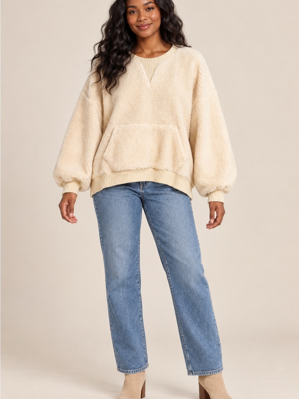Peach Love California Cream Sherpa Crewneck Pullover